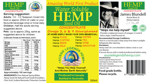 500ml bottle of hemp seed oil concentrate product label
